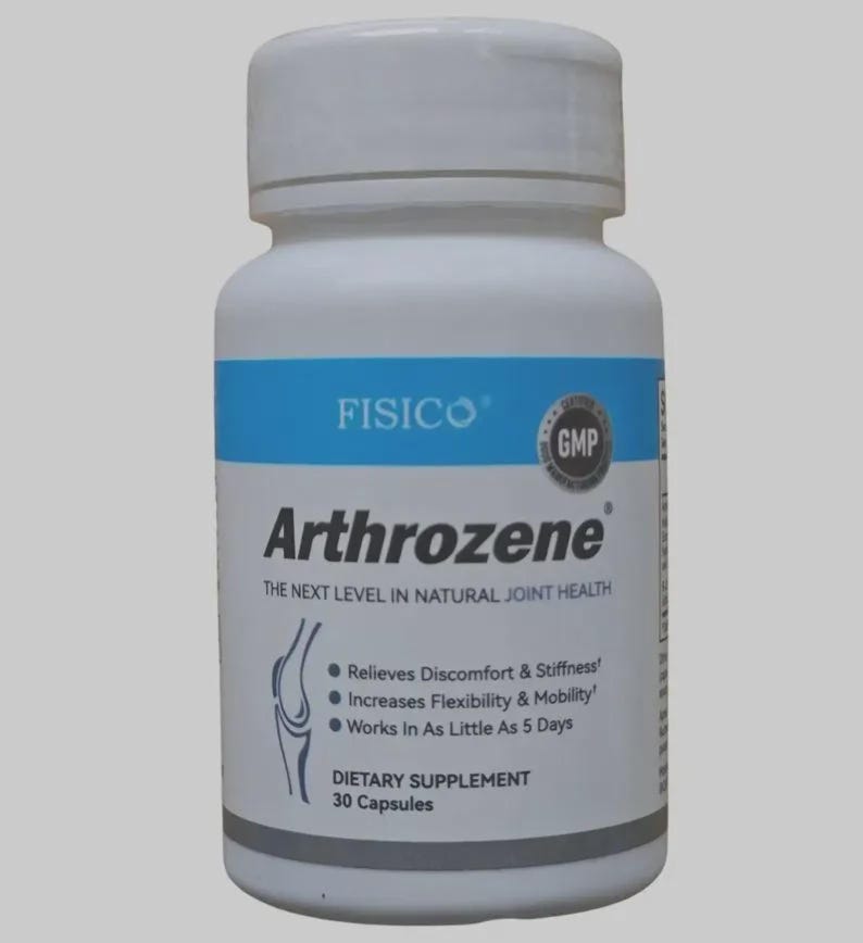 Puede incluir: Una botella blanca de suplemento diet&eacute;tico Arthrozene con una banda azul y texto blanco. La etiqueta incluye el nombre de la marca, el nombre del producto y los beneficios: alivia las molestias, aumenta la flexibilidad y funciona en 5 d&iacute;as. Contiene 30 c&aacute;psulas.