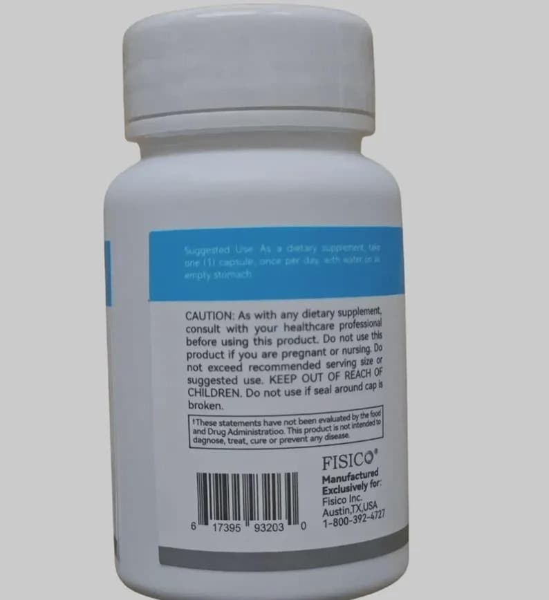Puede incluir: Botella de pl&aacute;stico blanca con tapa blanca. La etiqueta tiene texto azul y blanco, incluidas las instrucciones de uso y las advertencias. La botella contiene suplementos diet&eacute;ticos. La marca es FISICO.