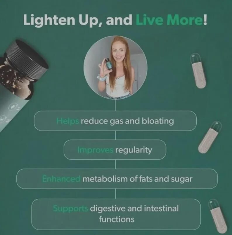 May include: An advertisement for a supplement with the text "Lighten Up, and Live More!" on a green background. The image includes a woman holding a bottle of capsules, with text highlighting benefits like reducing gas and bloating, improving regularity, and supporting digestive functions.