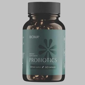 May include: A brown supplement bottle with a black cap. The label is teal with the word "PROBIOTICS" in large white letters. The bottle also says "BIOMA" and "30 DAY SUPPLY 60 CAPSULES".