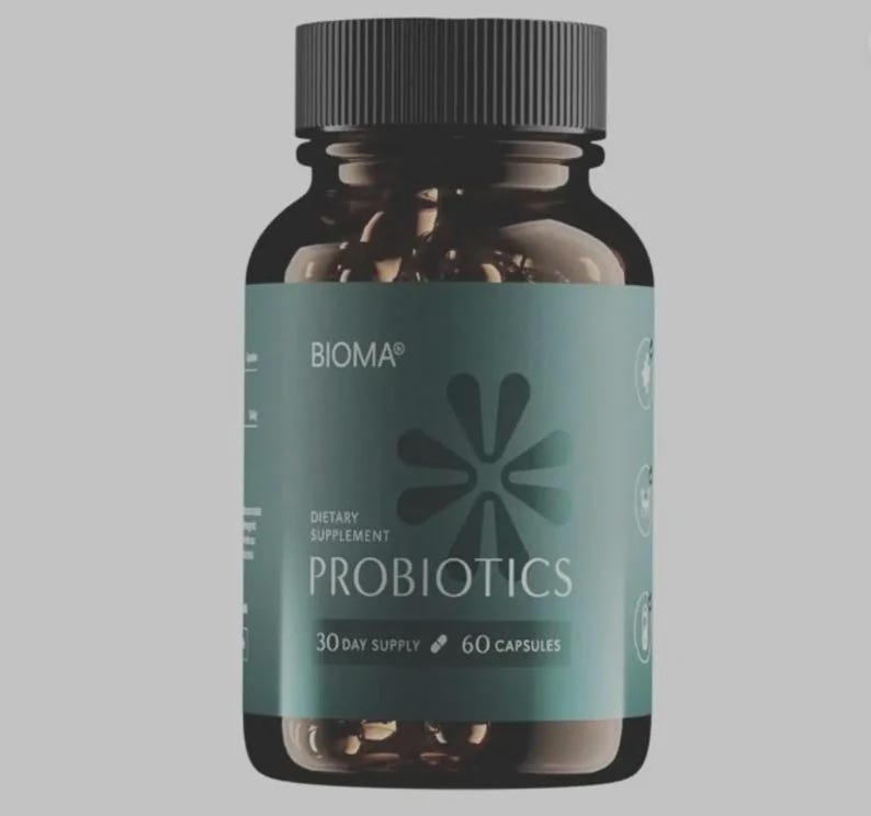 May include: A brown supplement bottle with a black cap. The label is teal with the word "PROBIOTICS" in large white letters. The bottle also says "BIOMA" and "30 DAY SUPPLY 60 CAPSULES".