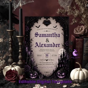 Può includere: Un modello di invito a nozze rettangolare con cornice ad arco gotico, ragnatele, pipistrelli e la sagoma di un castello. Il testo recita Samantha & Alexander, 31 ottobre 2026, alle 17:00, The Grand Ballroom 123 Elegant Ave, Downtown City.
