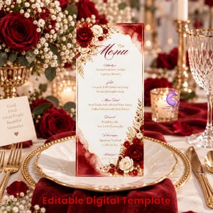 May include: A vertical menu card featuring a white center with dark red and cream-colored rose floral arrangements at the top and bottom corners. The text includes The Menu, Appetizer, Smoked Salmon Crostini, Caprese Skewers, Soup, Main Dish, and Dessert.
