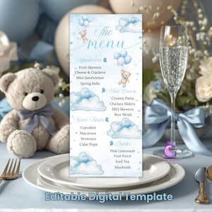 May include: A vertical menu card featuring a light blue watercolor theme with teddy bears, clouds, and balloons. The text lists sections for Appetizers, Main Course, Sweet Treats, and Drinks, with specific food items printed in a clear, dark blue font.