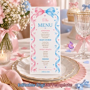 May include: A vertical gender reveal menu card featuring a pink and blue bow at the top with trailing ribbons, hearts, and question marks. The text reads The MENU, APPETIZER, MAIN COURSE, SWEET TREATS, DRINKS, and the date JUNE 23, 2026.