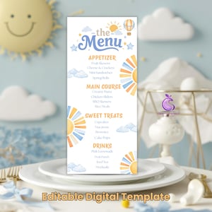 May include: A vertical menu card featuring the text 'the Menu' in blue script, with sections for Appetizer, Main Course, Sweet Treats, and Drinks. The design includes illustrations of yellow suns, blue clouds, stars, and a hot air balloon.