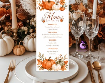 Thanksgiving Wedding Menu Template, Fall Pumpkin Theme, Editable Canva, Printable Digital Download