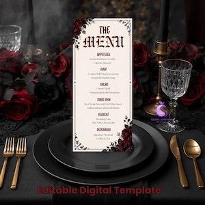 May include: A vertical menu card featuring a cream background with dark red rose illustrations at the top and bottom corners. The text reads THE MENU, APPETIZER, SOUP, SALAD, MAIN DISH, DESSERT, and BEVERAGES, followed by various food and drink items.