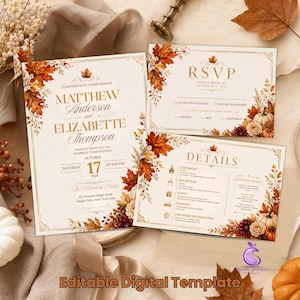 May include: A wedding invitation suite featuring a main invitation, an RSVP card, and a details card. The stationery has a cream background with gold text and borders, decorated with watercolor autumn maple leaves, pumpkins, and flowers.