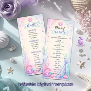Mermaid Baby Shower Menu & Program Template, Under the Sea Theme, Editable Canva, Printable Download