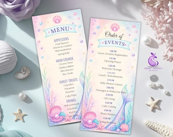 Mermaid Baby Shower Menu & Program Template, Under the Sea Theme, Editable Canva, Printable Download