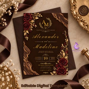 May include: A dark brown wedding invitation template featuring gold lettering, deep red roses, and gold foliage accents. The text reads Alexander and Madeline, September 20, 2026, at 4 o'clock in the afternoon at The Grand Garden Estate.
