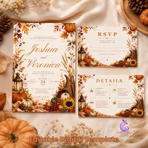 May include: A wedding invitation suite featuring a cream background with autumn-themed illustrations of pumpkins, sunflowers, wheat, and lanterns. The text includes the names Joshua and Veronica, the date October 24, 2026, and RSVP and details cards.