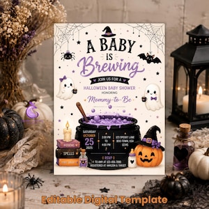 May include: A Halloween baby shower invitation template featuring the text A BABY is Brewing, two ghosts, a black cauldron with purple liquid, a pumpkin wearing a witch hat, stacked books, and spiderwebs on a cream background with event details.