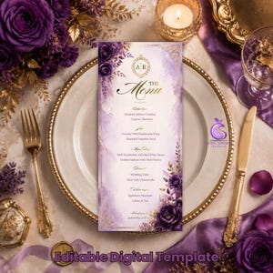 May include: A rectangular wedding menu card featuring a watercolor purple and white background with gold foil floral accents. The text includes "THE MENU" and lists courses like Smoked Salmon Crostini, Beef Tenderloin, and New York Cheesecake.