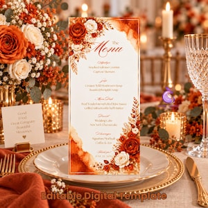 Könnte beinhalten: Eine vertikale Hochzeitsmenükarte mit weißem Hintergrund und aquarellartigen Blumenarrangements in Rostorange und Creme an den oberen und unteren Ecken. Der Text umfasst The Menu, Appetizer, Smoked Salmon Crostini, Caprese Skewers, Soup, Creamy Wild Mushroom Soup, Roasted Pumpkin Soup, Main Dish, Beef Tenderloin with Red Wine Sauce, Grilled Salmon with Herb Butter, Dessert, Wedding Cake, New York Cheesecake, Beverages, Signature Mocktail, Coffee & Tea, Thank You!, und JUNE 23, 2026.