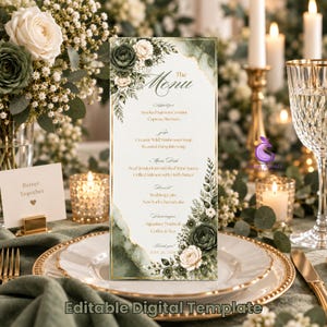 May include: A vertical menu card featuring a white background with dark green watercolour accents and gold foil borders. The design includes floral illustrations of dark green and cream roses. The text lists appetizers, soups, main dishes, desserts, and beverages.
