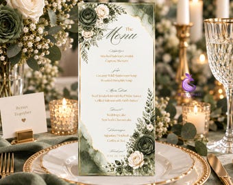 Sage Green Gold Floral Wedding Menu Template, Elegant Botanical Theme, Editable Canva, Printable Download