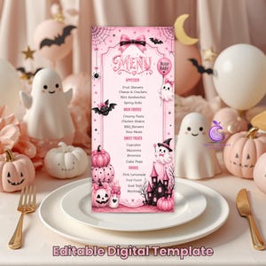 May include: A vertical pink Halloween menu template featuring a decorative bow at the top, spider webs, bats, ghosts, and a haunted house. The text lists appetizers, main courses, sweet treats, and drinks, with pink pumpkins and a baby bottle graphic.