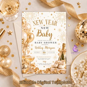 May include: A New Year New Baby shower invitation card featuring gold text, fireworks, and star illustrations. The card details include the name Ashley Morgan, date December 30, 2026, and location. It is surrounded by gold balloons, champagne, and baby shoes.