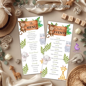May include: Two vertical rectangular cards featuring a jungle theme with watercolor illustrations of a monkey, hippo, elephant, and giraffe. The left card is titled The Menu and the right card is titled Order of Events, both with green leaves.