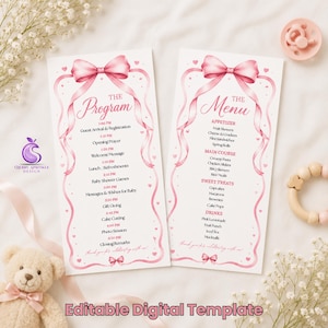 May include: Two white rectangular cards featuring a pink ribbon and bow design with small hearts. One card is titled The Program with a schedule of events, and the other is titled The Menu listing appetizers, main courses, treats, and drinks.