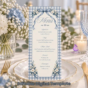 Dusty Blue Gingham Wedding Menu Template, Elegant Floral Bow Theme, Editable Canva, Printable Digital Download