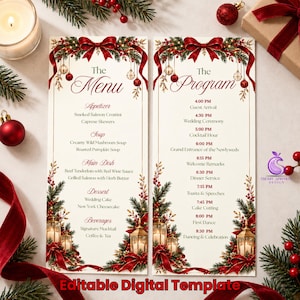 Könnte beinhalten: Zwei rechteckige Karten im Weihnachtsthema mit roten Schleifen, Tannenzweigen und Laternen. Die linke Karte ist mit The Menu betitelt und listet Speisen auf. Die rechte Karte ist mit The Program betitelt und zeigt einen Zeitplan von 16:00 bis 20:30 Uhr.