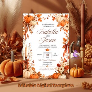 Fall Pumpkin Wedding Invitation Template, Autumn Floral Theme, Editable Canva, Printable Digital Download