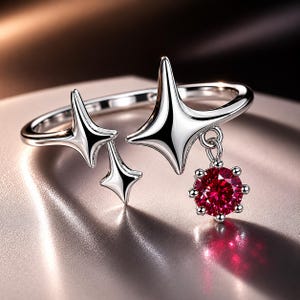 May include: A silver-toned open ring featuring two polished star-shaped motifs on one end and a larger star-shaped motif on the other. A small, round, faceted red gemstone is suspended from the larger star by a delicate silver-toned metal link.