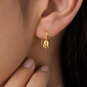 Gold Floral Drop Earrings, Dainty Flower Dangle Jewelry, Minimalist Botanical Huggies, Nature Inspired Everyday Hoop Gift for Her