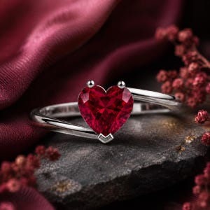 Puede incluir: Un anillo de plata con una piedra preciosa roja facetada en forma de corazón montada en una banda de estilo bypass. El anillo tiene un acabado metálico pulido y la piedra está asegurada por dos pequeñas garras en la parte superior e inferior.