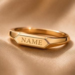Personalized Gold Signet Ring, Engraved Hexagon Name Band, Minimalist Geometric Gift for Her