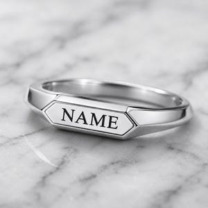 Mens Silver Signet Ring, Personalized Hexagon Name Band, Engraved Fathers Day Gift