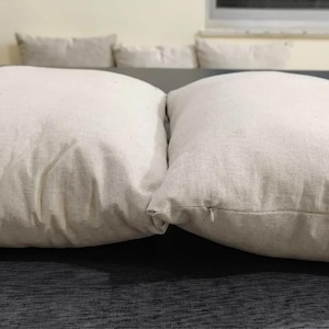 May include: Two rectangular throw pillows with a plain, light beige, textured fabric cover. Each pillow features a visible, small, matching beige zipper closure along the bottom edge, allowing for the removal of the cover from the inner cushion.