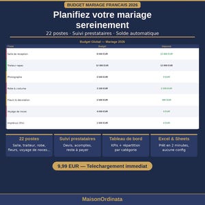 Könnte beinhalten: Eine digitale Hochzeitsbudget-Planungstabelle mit dem Titel Budget Mariage Francais 2026. Sie enthält eine Tabelle mit Spalten für Kategorien, geplante Kosten und tatsächliche Ausgaben in EUR sowie Zusammenfassungsfelder für Dienstleister und KPIs.