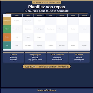 May include: A navy blue meal planner for 2026 with a white grid for daily meal planning. The planner includes sections for breakfast, lunch, snack, and dinner, with pre-filled meal ideas. The text at the top says "Planifiez vos repas & courses pour toute la semaine."
