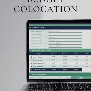 May include: A laptop screen displaying a digital monthly roommate budget spreadsheet titled BUDGET COLOCATION with sections for configuration, monthly budget summary, and individual shares, featuring a dark green and white color scheme.