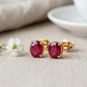Ruby Stud Earrings • July Birthstone Jewelry • Red Gemstone Earrings • Dainty Gold Studs • Anniversary Gift