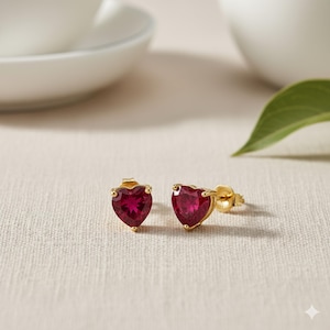 Ruby Heart Earrings • Tiny Vintage Studs • Custom Gemstone Jewelry • Minimalist Earrings • Gift for Her