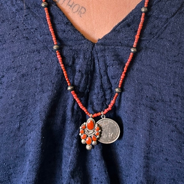 Antique Whiteheart Trade Bead Necklace with Coral Pendant and Sacred Heart Coin