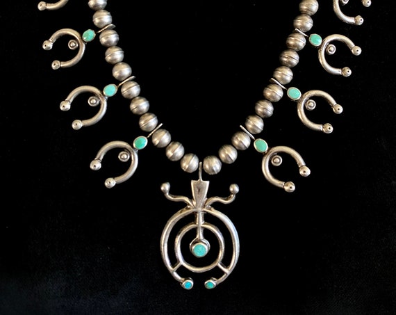 Vintage Early Style Double Naja Silver and Turquoise Navajo Squash Blossom Necklace