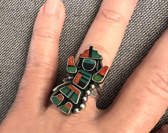 Vintage Zuni Rainbow Man Inlay Ring w Turquoise, Coral and Jet