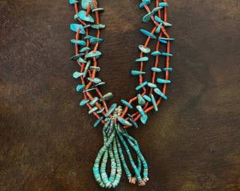 Early 3 Strand Coral and Turquoise Pueblo Tab Necklace with 2 Pair of Jaclas