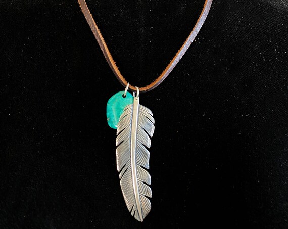 Sterling Silver Raven Feather by Jennifer Jesse Smith with Turquoise Tab on Leather Lanyard