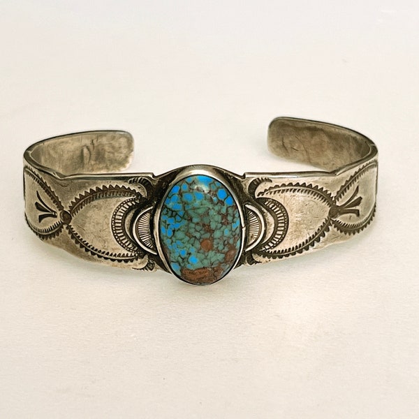 Finely Stamped Vintage Navajo Cuff Bracelet With Spiderweb Turquoise