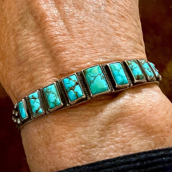 Ingot Silver Navajo Turquoise Cuff Bracelet with 9 Square Cabochons