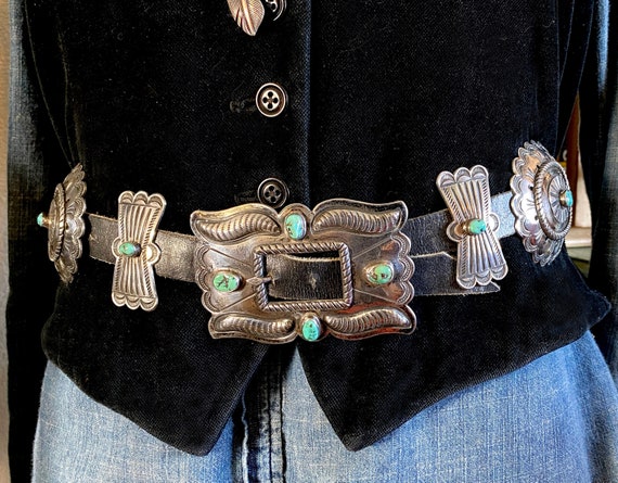 Vintage Navajo Sterling Silver Concho Belt with 14 Turquoise Stones  c.1950