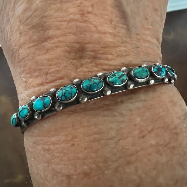 11 Stone Turquoise Row Bracelet By Navajo Silversmith Harrison Jim, Size 6 3/8