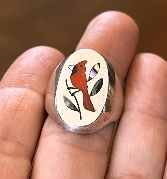 Cardinal Inlay Sterling Silver Ring by Zuni Artists Derrick and Nichelle Edaakie